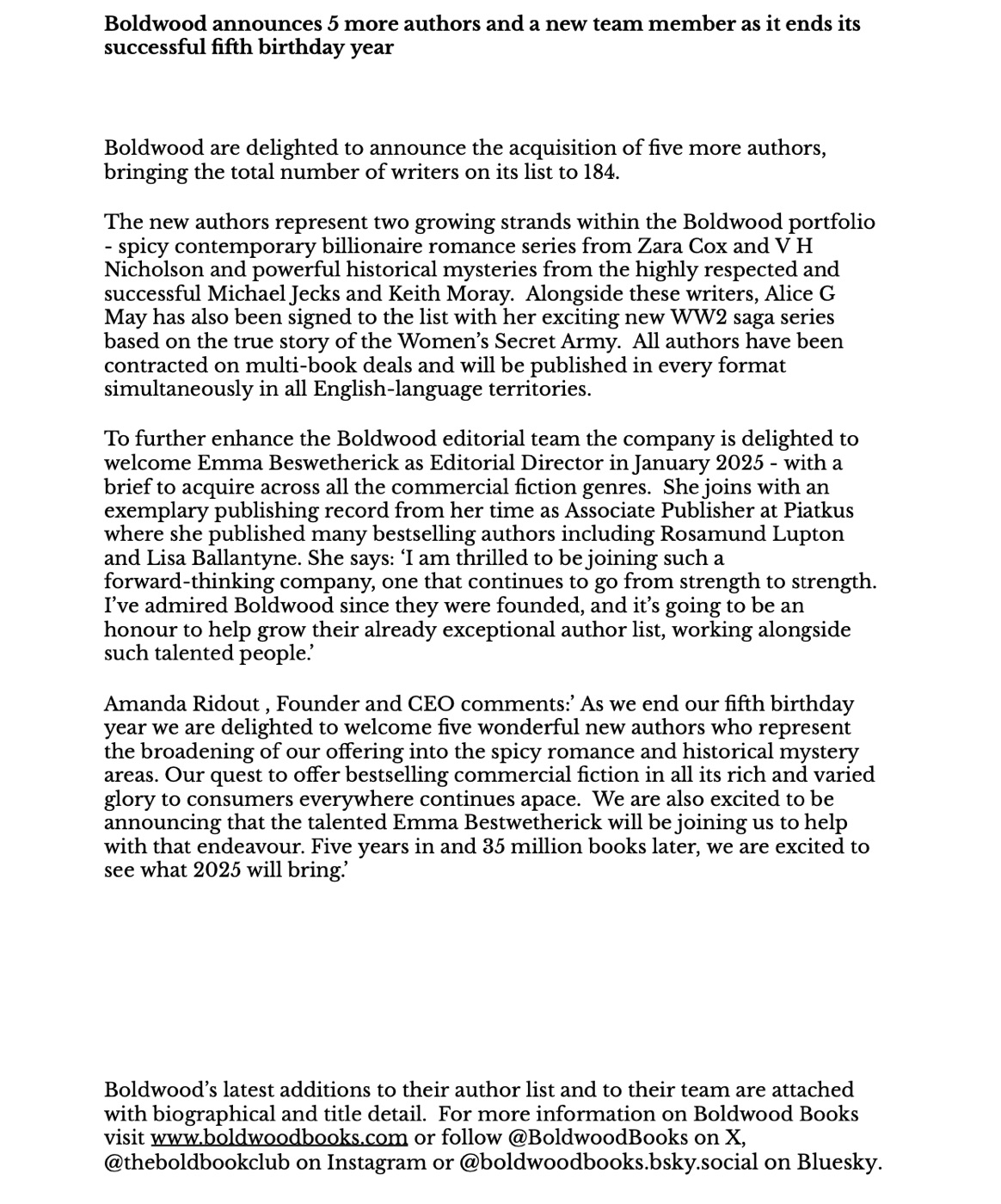 Boldwood Books announcement