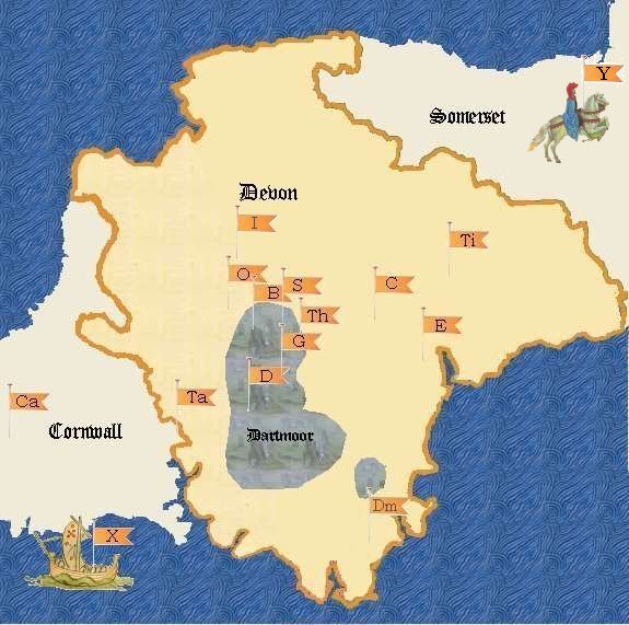 A map of Devon in the fourteenth century, showing the locations of the Templar murder mysteries by Michael Jecks